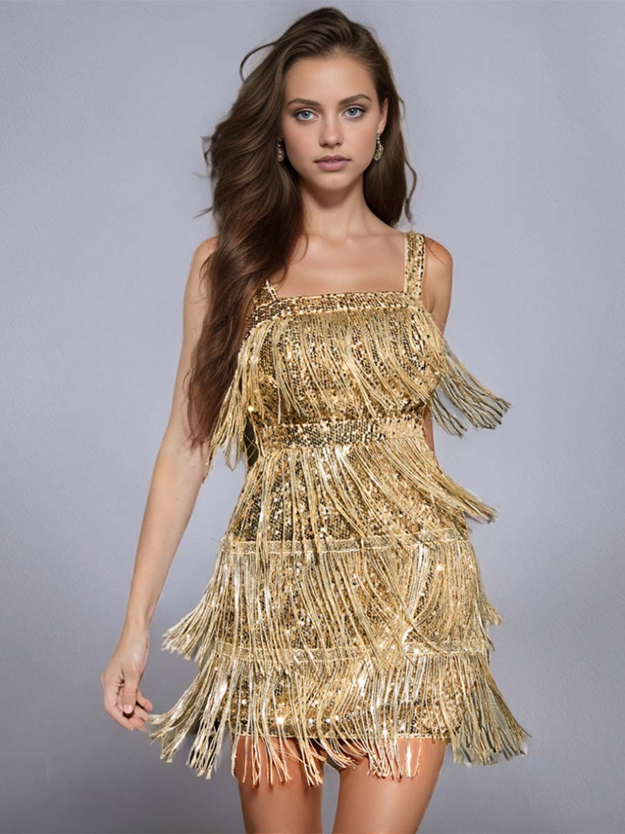 Solid Color Sequin Fringe Spaghetti Strap Party Dress