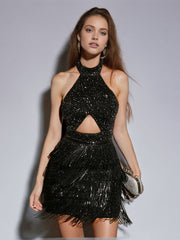 Solid Halter Backless Sequin Fringe Cocktail Mini Dress