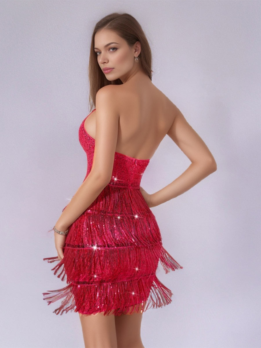 Solid Halter Backless Sequin Fringe Cocktail Mini Dress