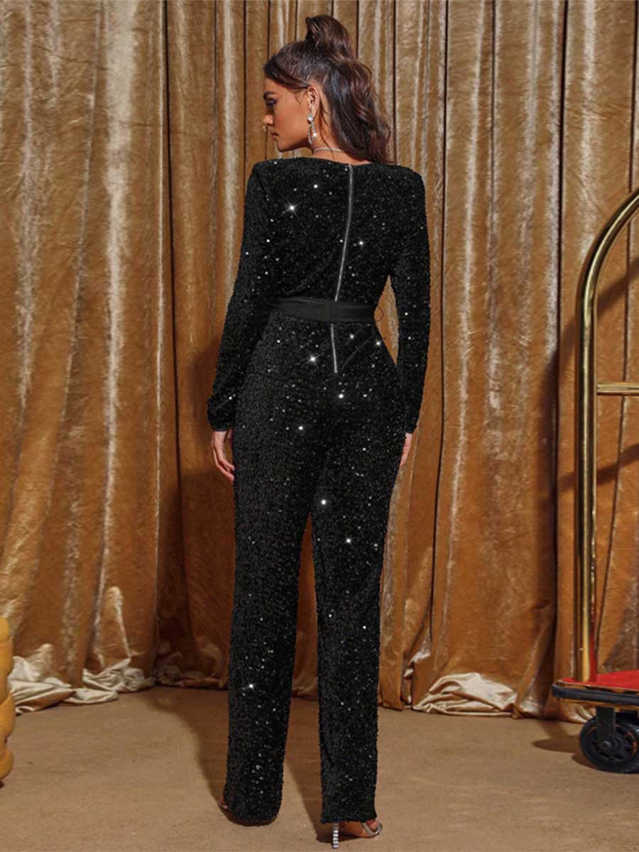 Sequin Long Sleeve Tie-Waist Jumpsuit with Bow Detail