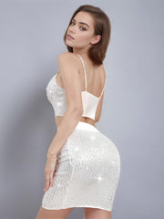White Sequin V-Neck Cami Top and Skirt Set