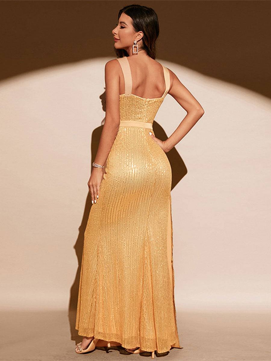 Sequin Mermaid Gown with Waist Cape and Front Slit