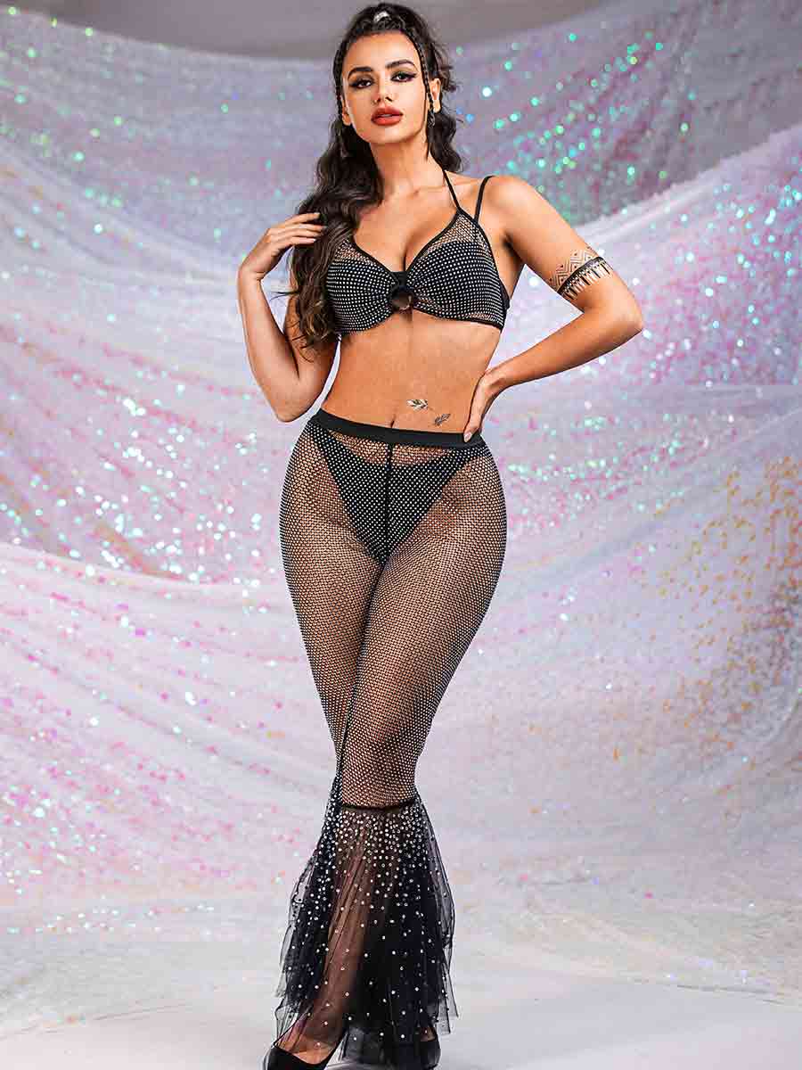Rhinestone Mesh Bra + Mesh Spliced Lace Flared Pants