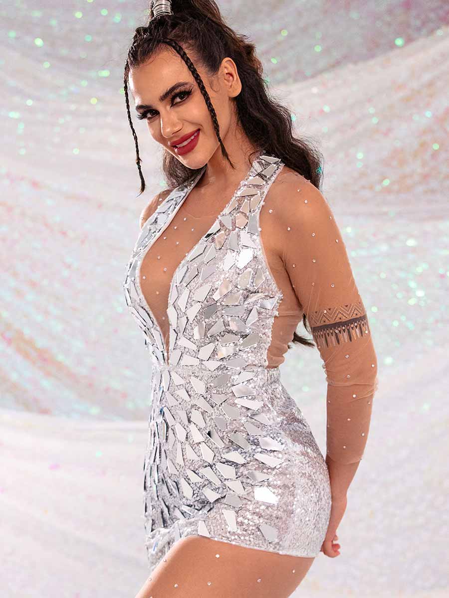 Silver Glitter Mini Dress â€?Silver Mirrored Sequin Dress