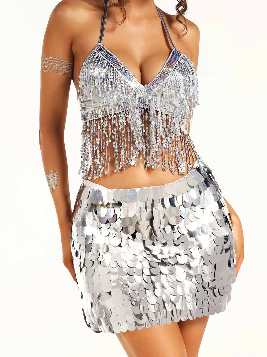 Silver Tassel Bra and Sequin Skirt Set