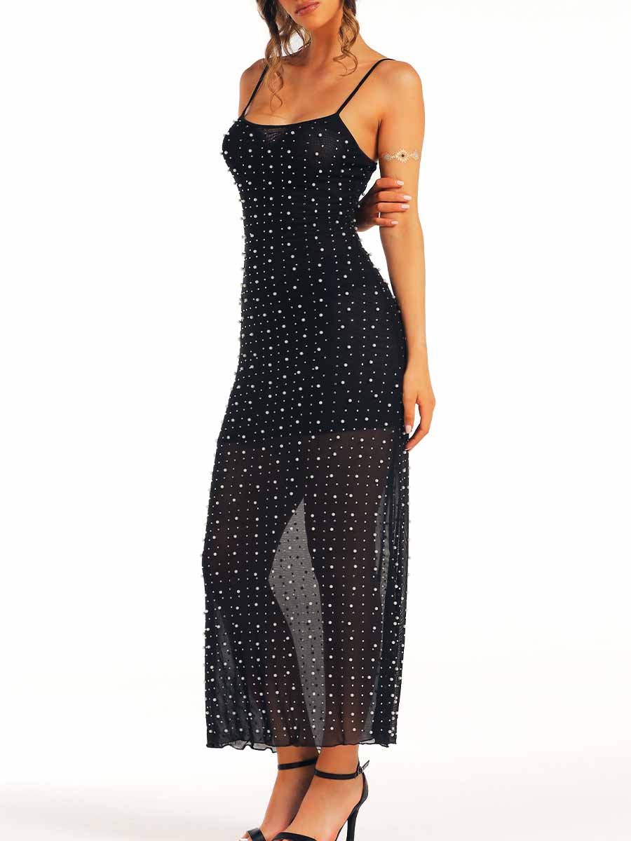Black Slim-Fitting Long Dress with Pearl Rhinestones