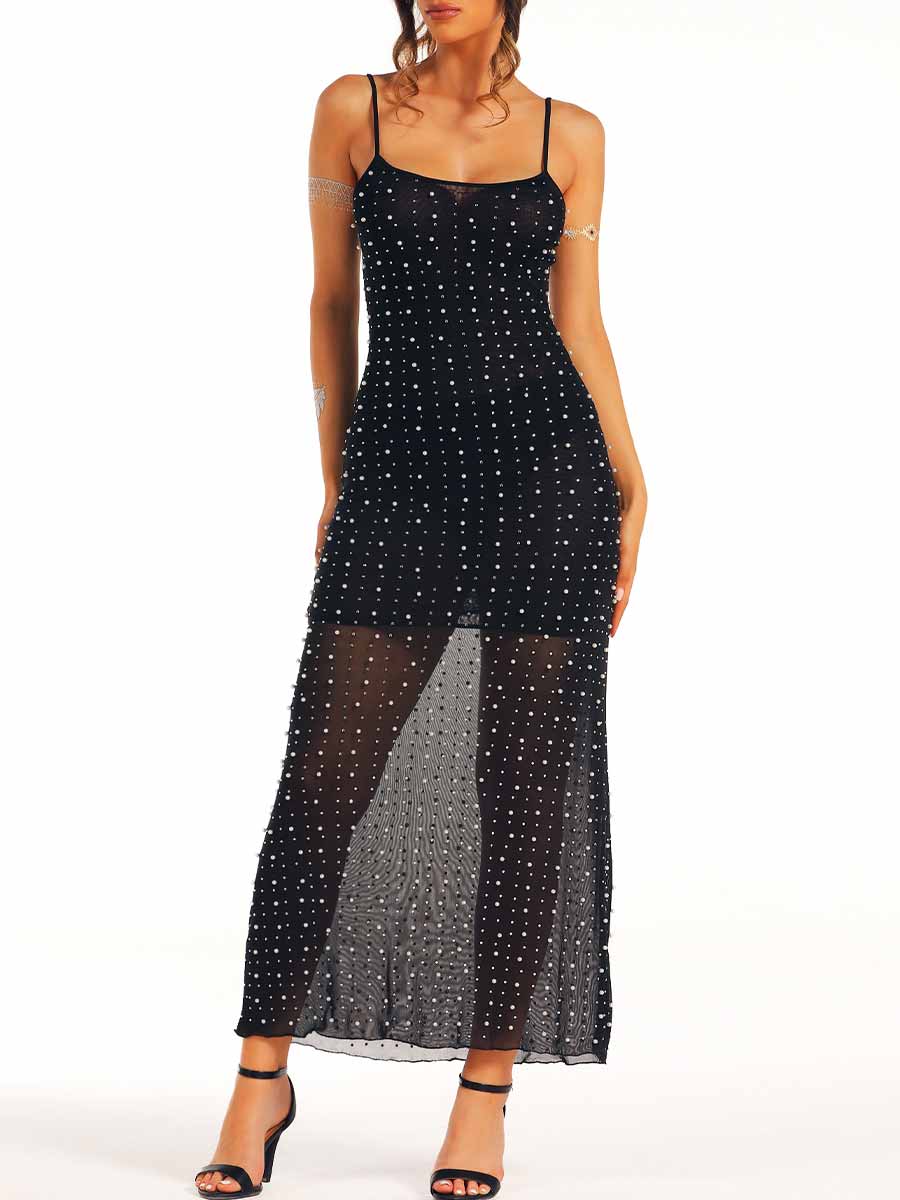 Black Slim-Fitting Long Dress with Pearl Rhinestones