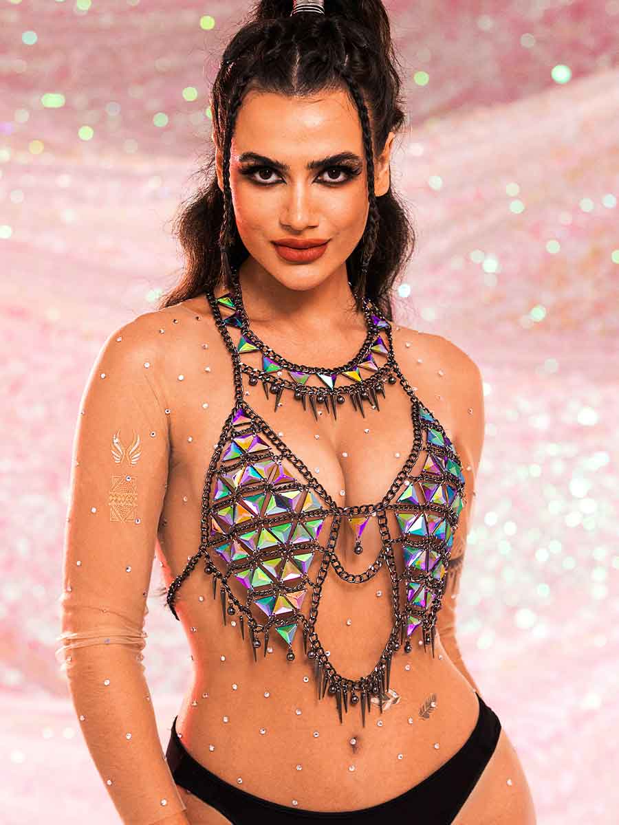 Sequin Chain Bra - Metallic Chain Colorful Glitter Bra Top