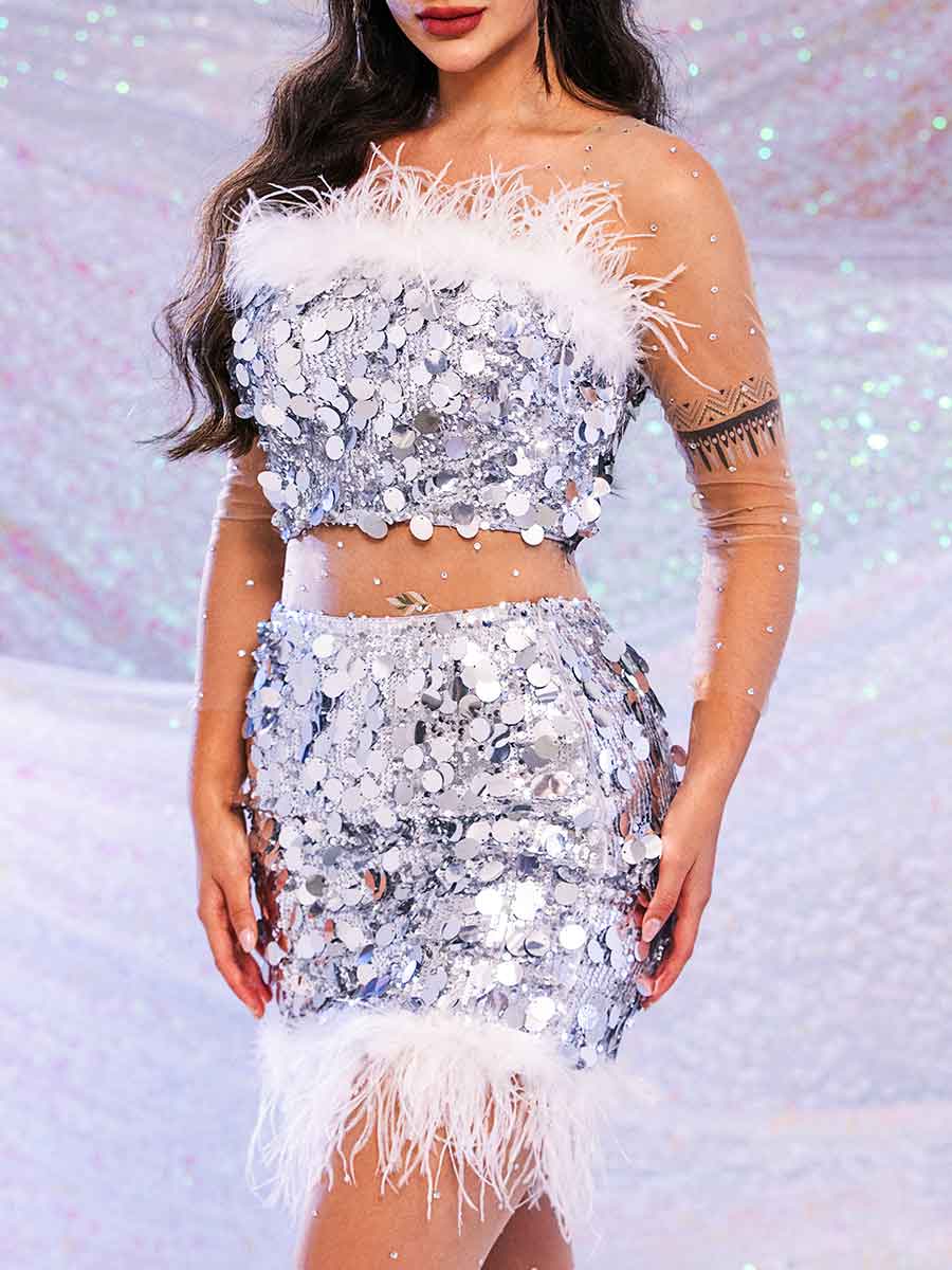 Silver Sequin Two Piece Set - Short Sparkling Feather Set