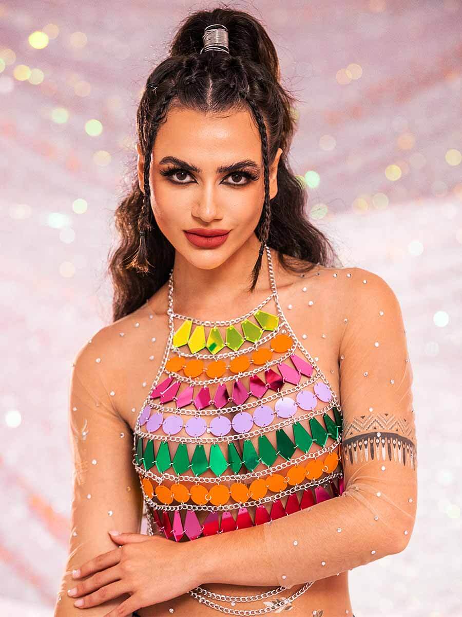 Rainbow Sequin Tank Top â€?Shiny Metallic Chain Vest Top