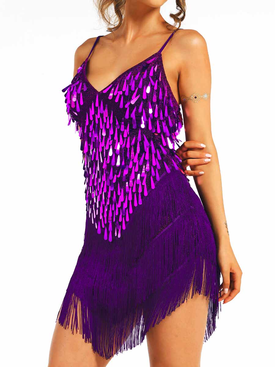 Purple Sequin Tassel Spaghetti Strap Dress