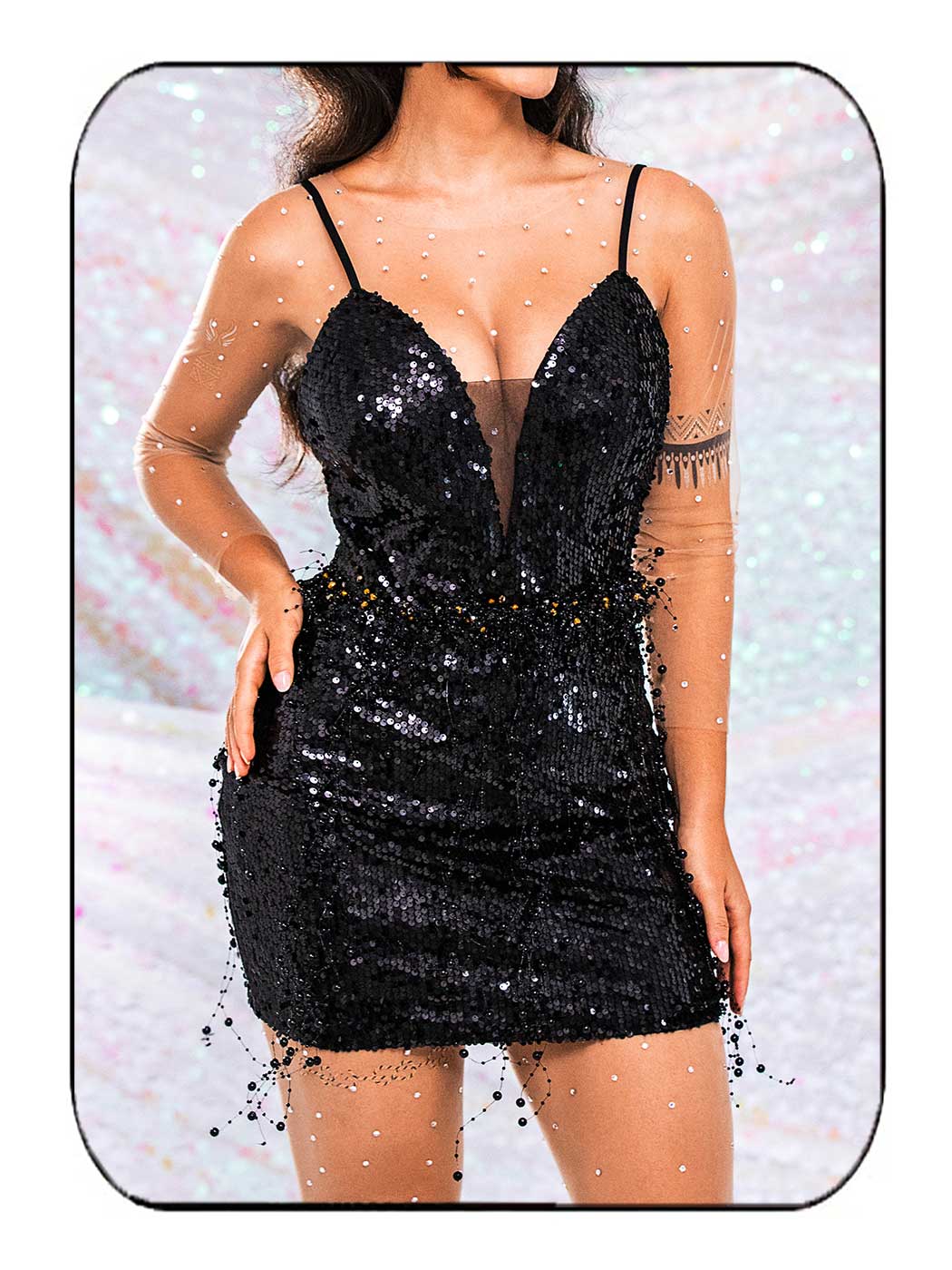 Black Glitter V Neck Dress - Black Pearl Slip Mini Dresses