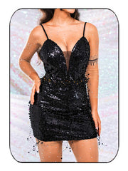 Black Glitter V Neck Dress - Black Pearl Slip Mini Dresses