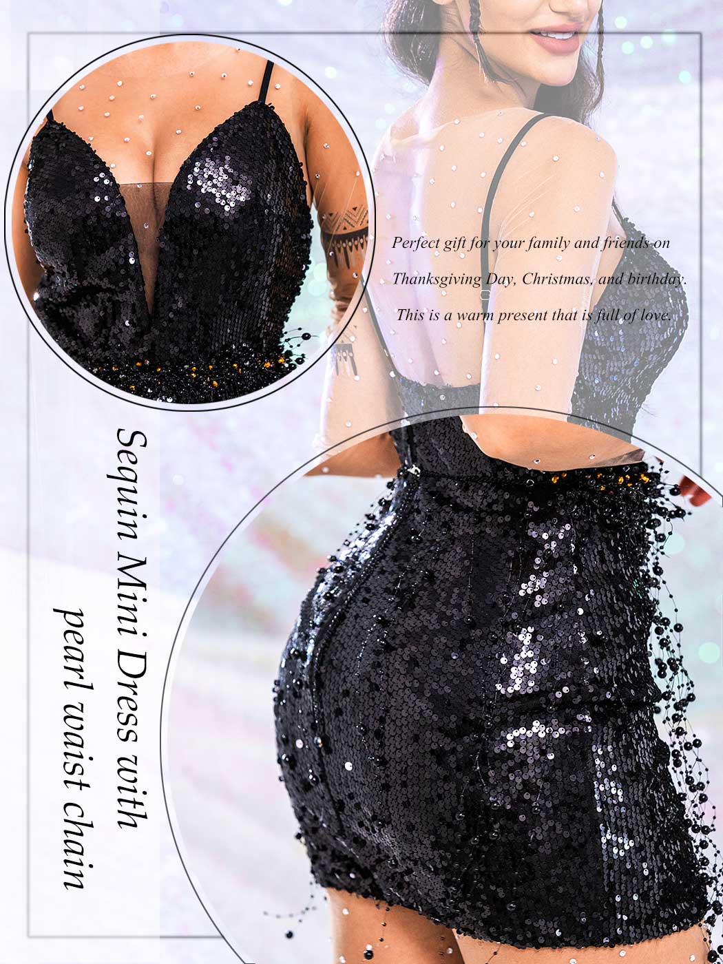 Black Glitter V Neck Dress - Black Pearl Slip Mini Dresses