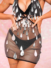 Rhinestone Sequin Dress - Deep V Hollow Mini Dress