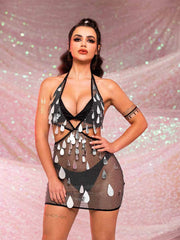 Rhinestone Sequin Dress - Deep V Hollow Mini Dress