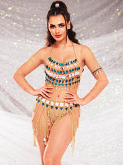 Rhinestone Top and Skirt Set - Metal Chain Crystal Set