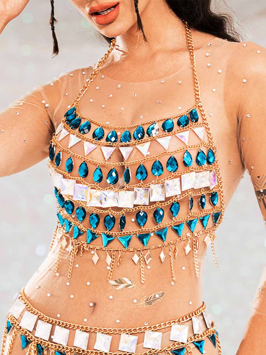 Rhinestone Top and Skirt Set - Metal Chain Crystal Set