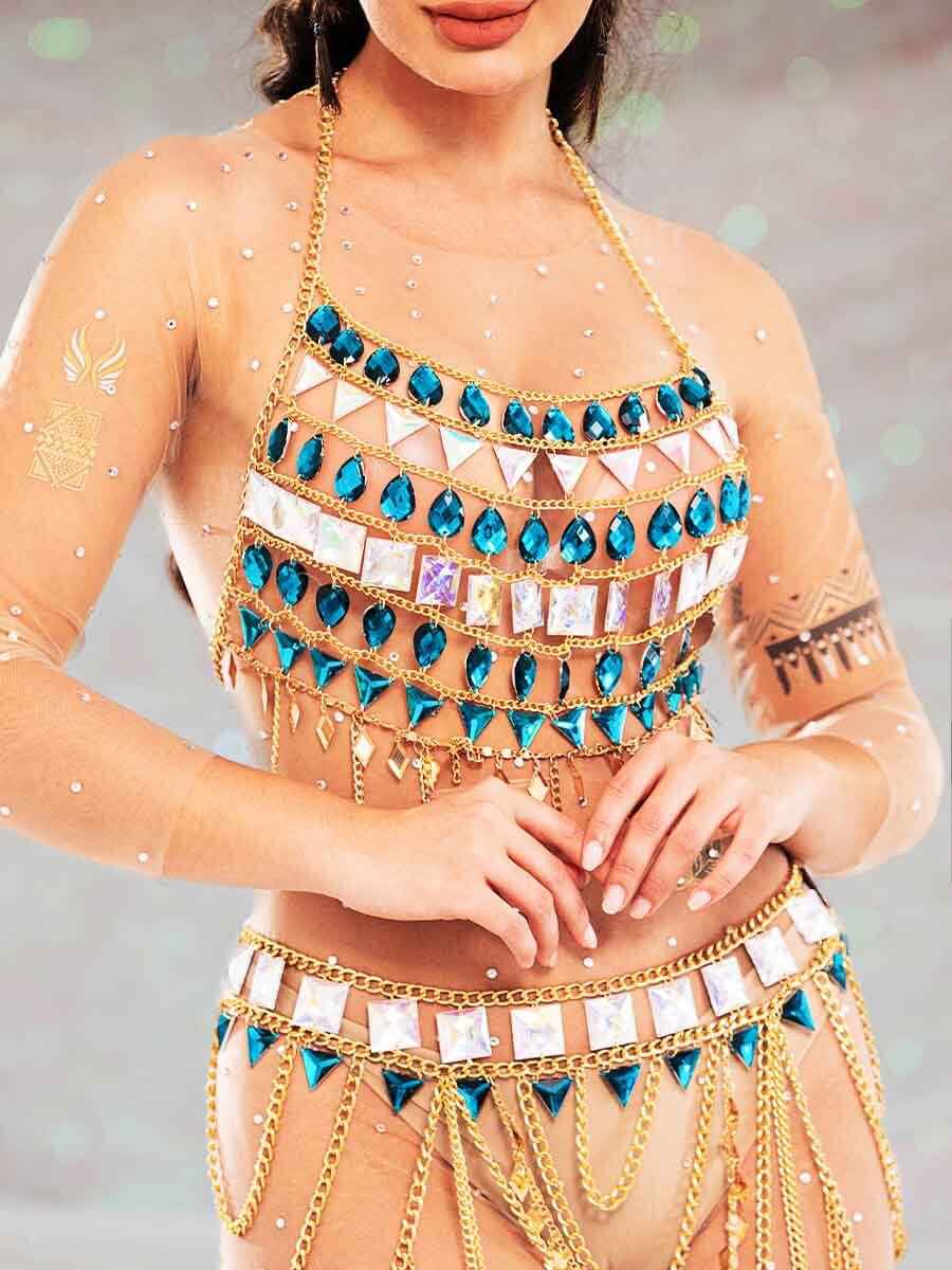 Rhinestone Top and Skirt Set - Metal Chain Crystal Set