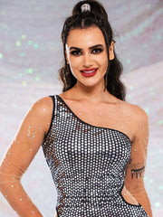 Silver Sequin Mini Dress: One-Shoulder & Cutouts