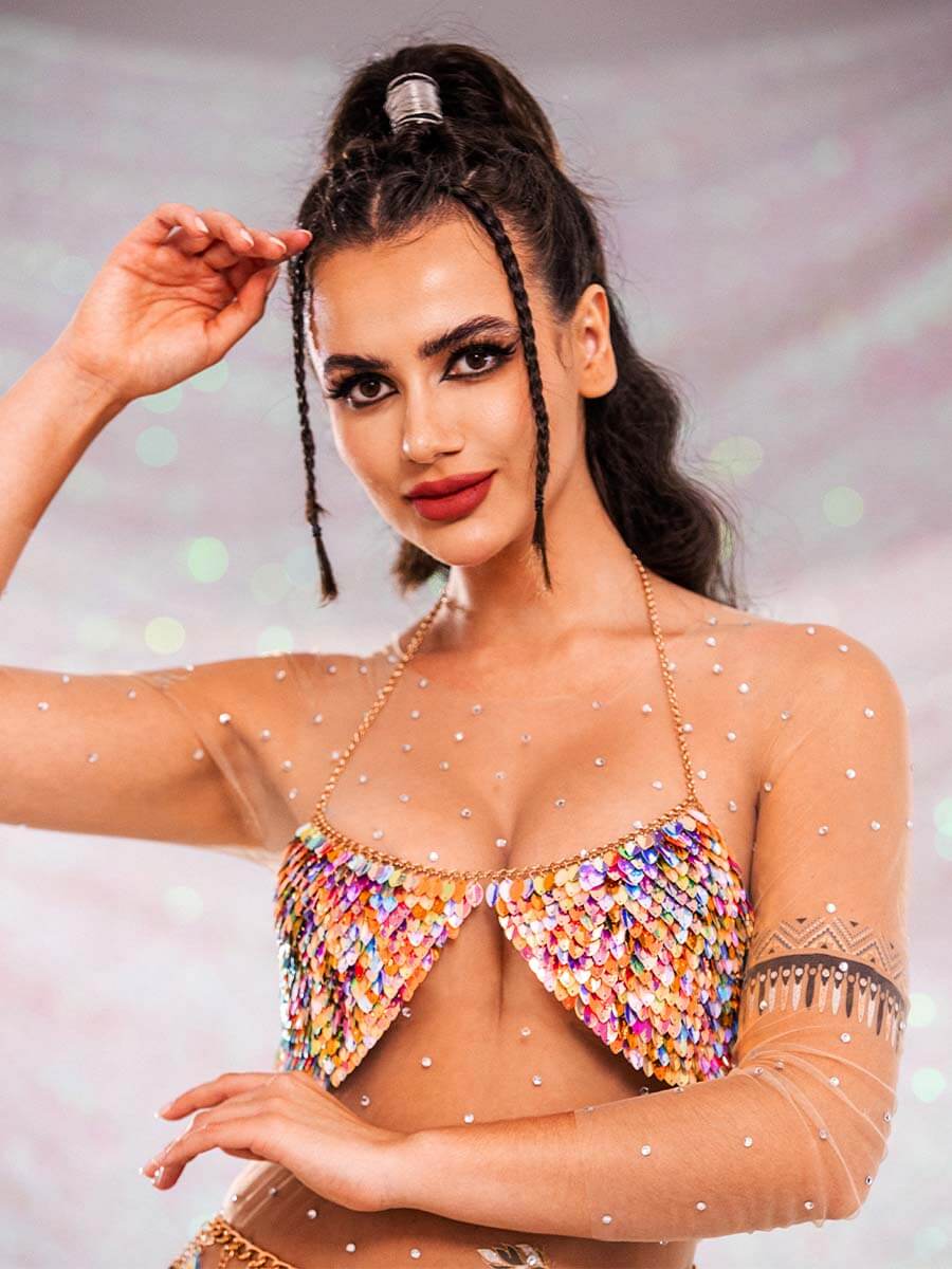 Sparkly Bra - Metal Chain Colorful Sequin Halter Bra