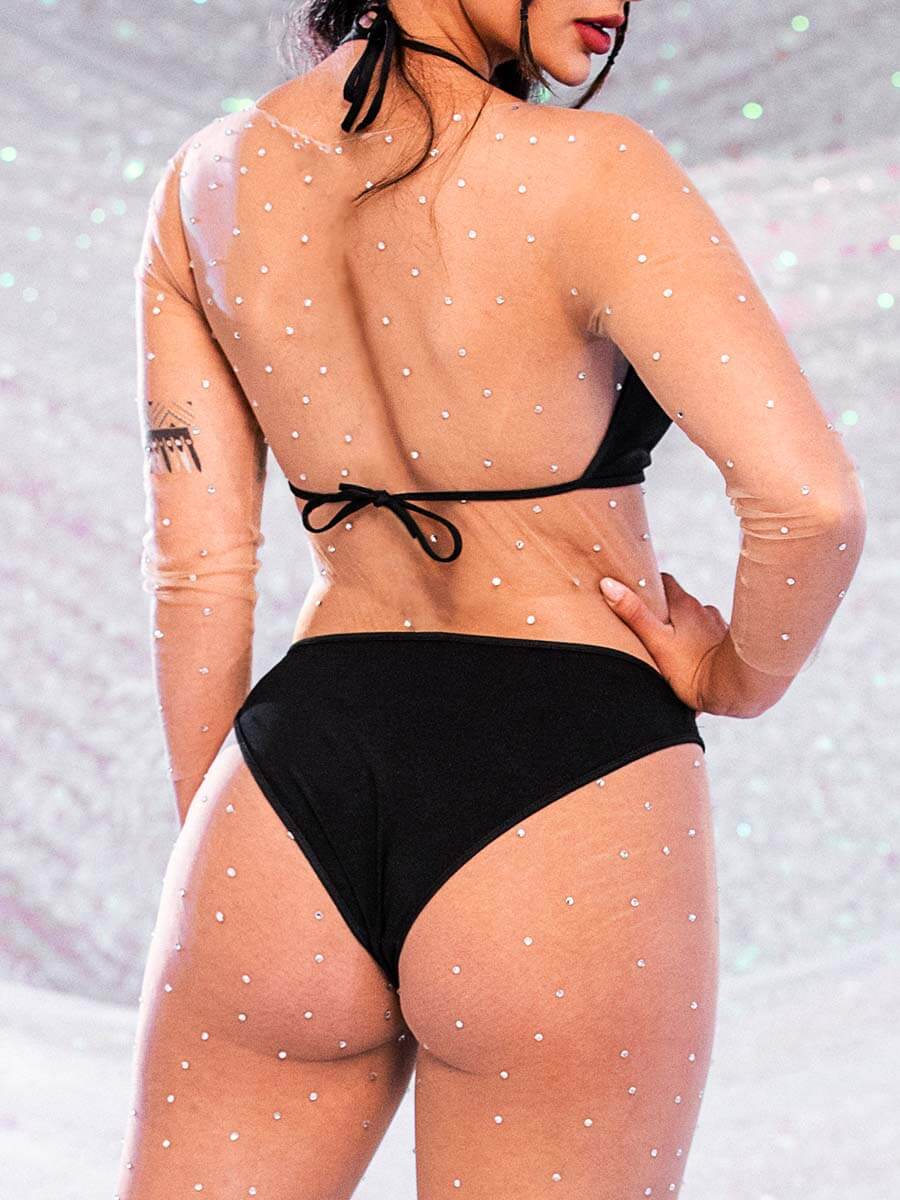 Rhinestone Nude Jumpsuit - Ultra-thin Crew Neck Jumpsuit