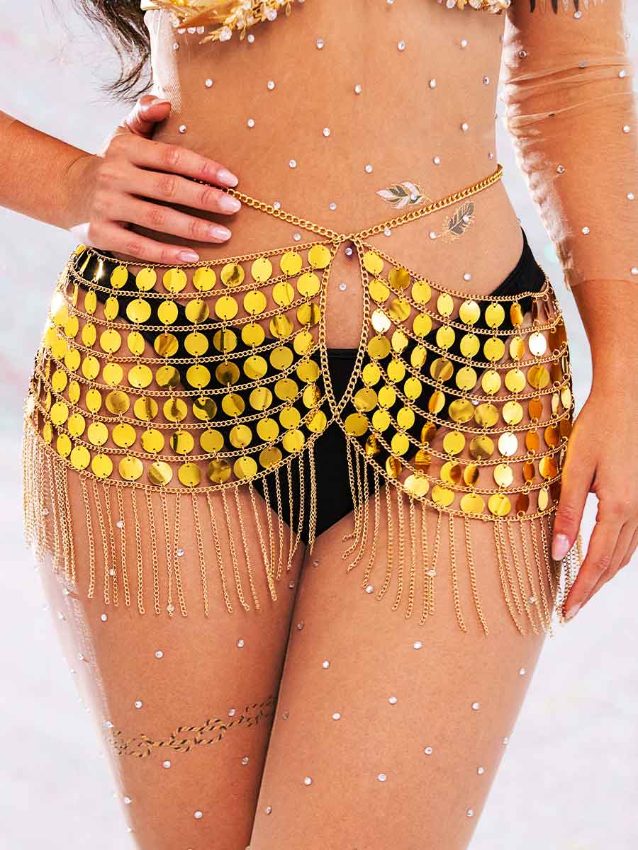 Gold Sequin Fringe Skirt - Metallic Chain Mini Skirt