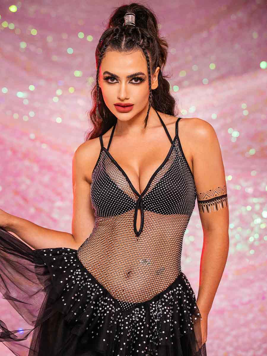 V-Neck Rhinestone Black Dress - Mesh Patchwork Tulle Dress