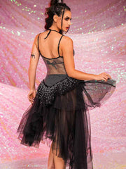 V-Neck Rhinestone Black Dress - Mesh Patchwork Tulle Dress
