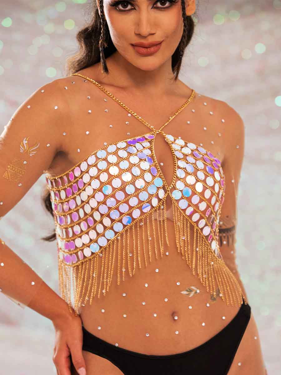 Sequin Fringe Top â€?Metallic Chain Fringe Sparkly Top
