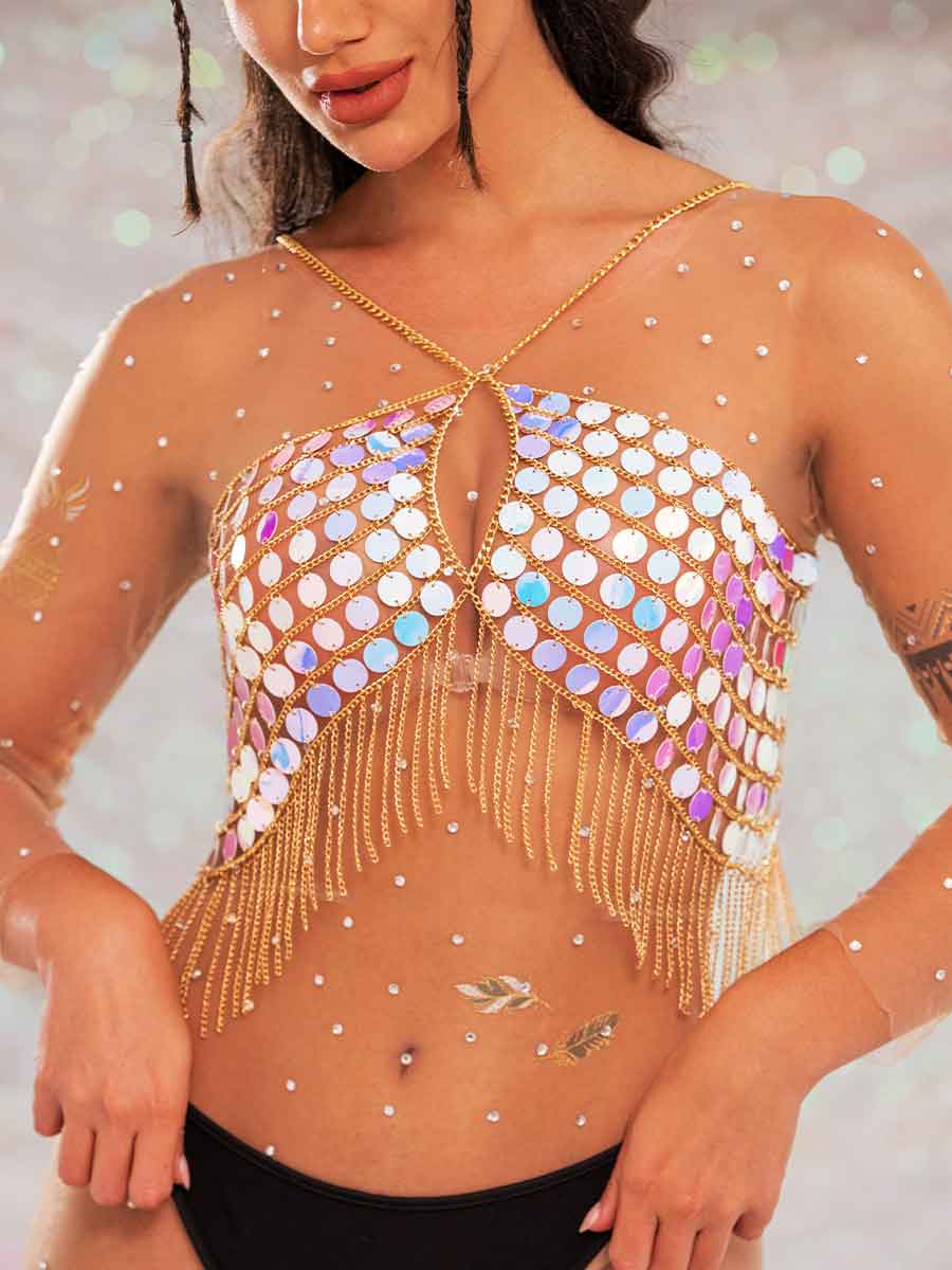 Sequin Fringe Top â€?Metallic Chain Fringe Sparkly Top