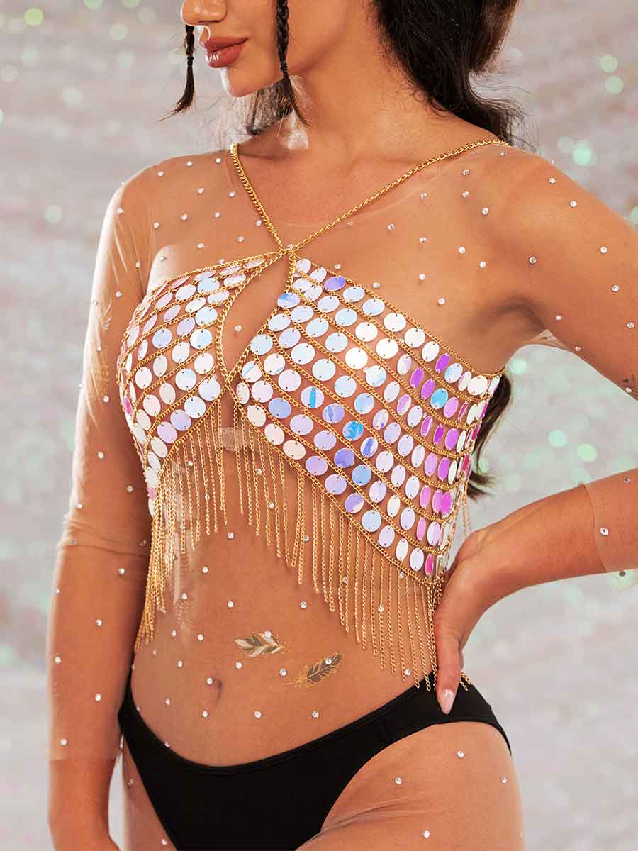Sequin Fringe Top â€?Metallic Chain Fringe Sparkly Top