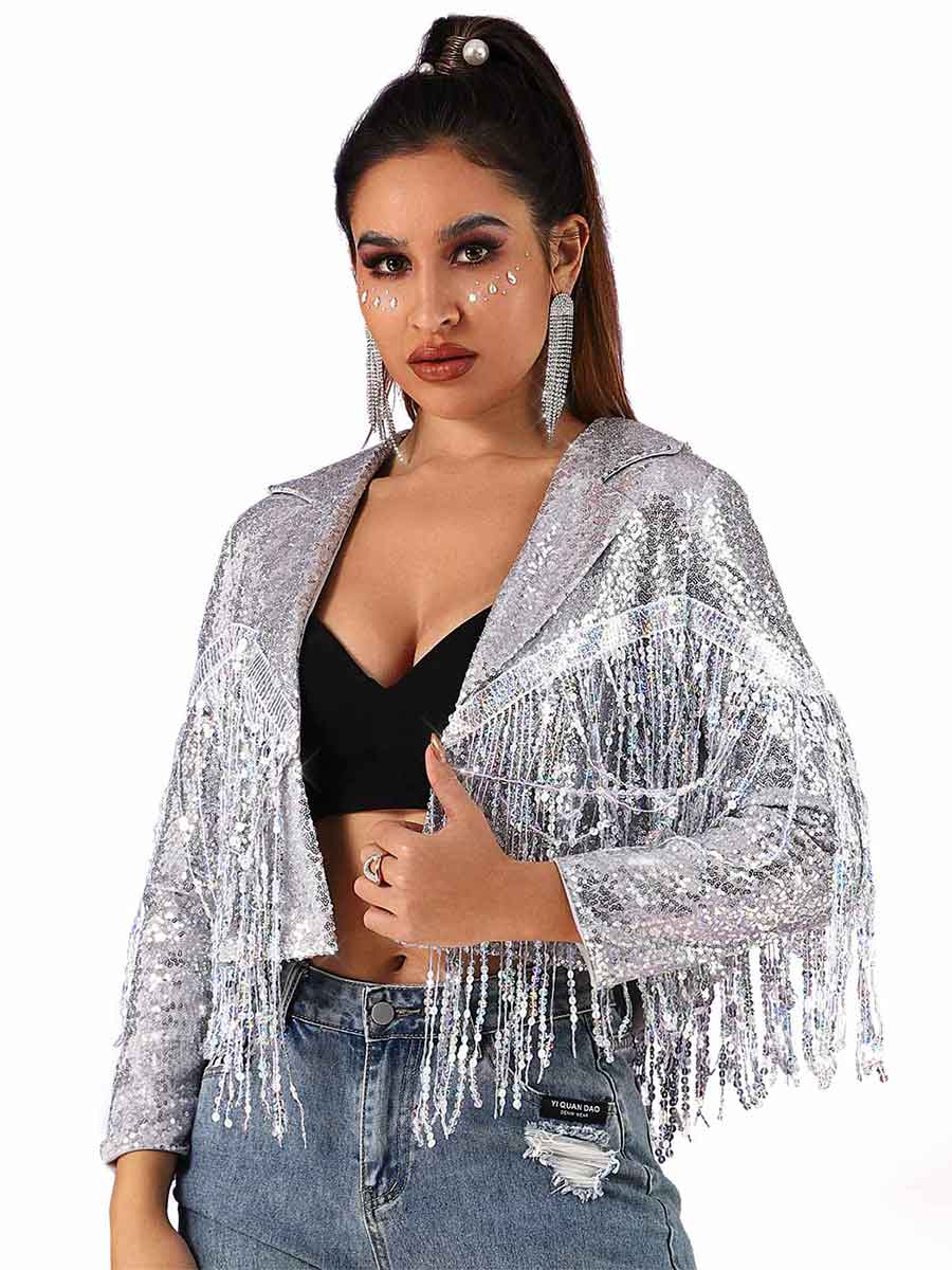 Glitter Tassel Jacket - Silver Women's Party Bomber Jacket