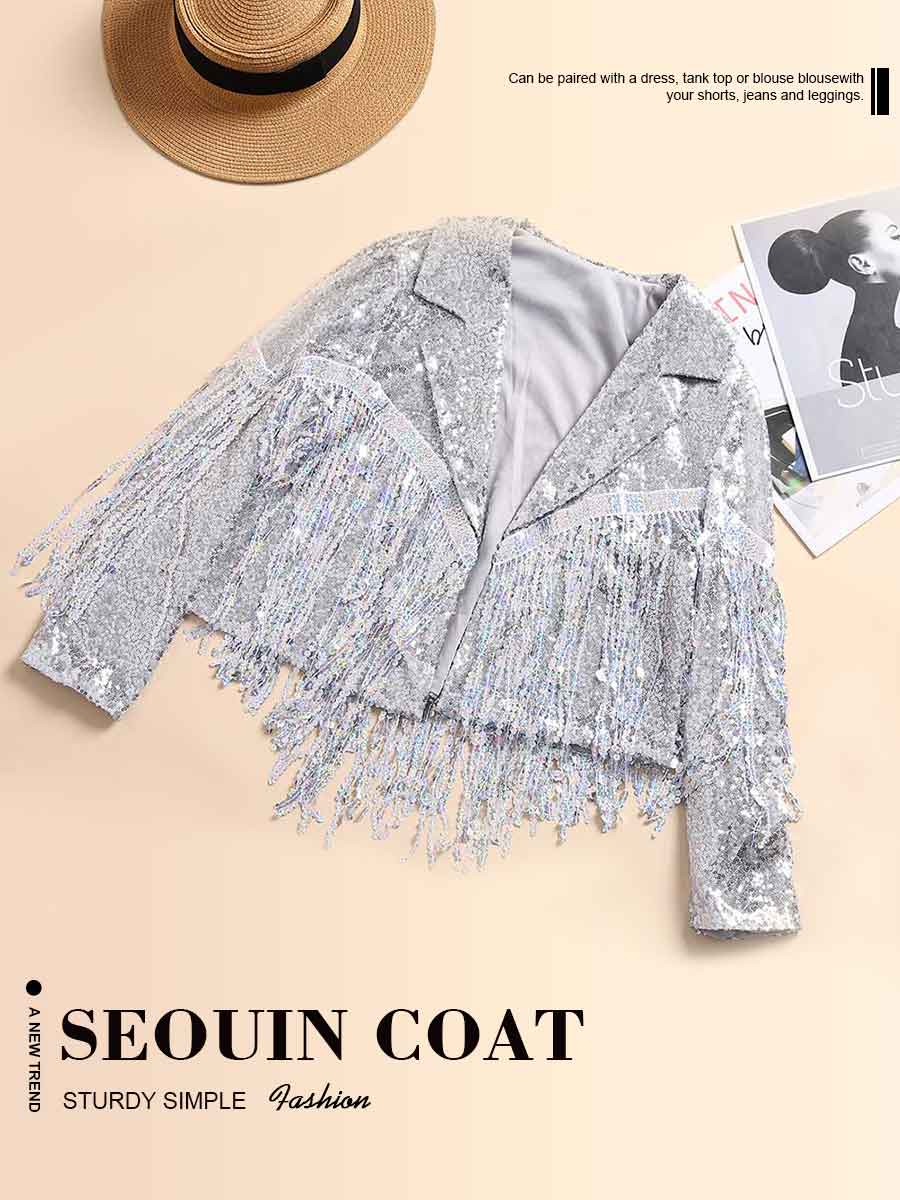 Glitter Tassel Jacket - Silver Women's Party Bomber Jacket