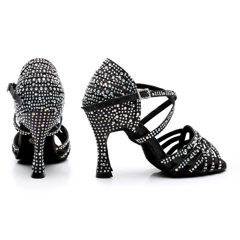 Women's Black Rhinestone Sparkling Glitter Customized Heel Dance Shoes