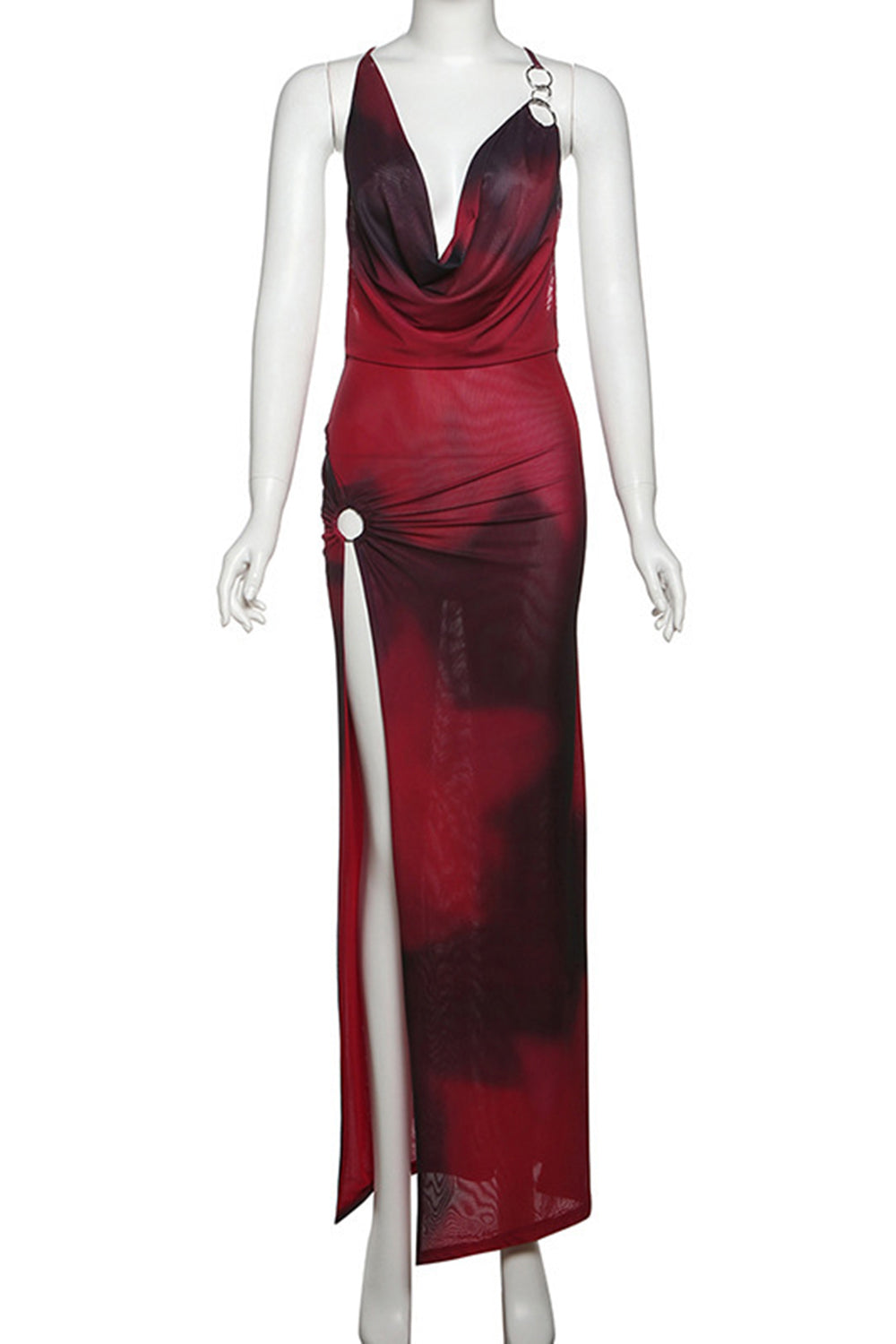 Metal Ring Cami Ruffled Slit Bodycon Party Maxi Dresses-Red