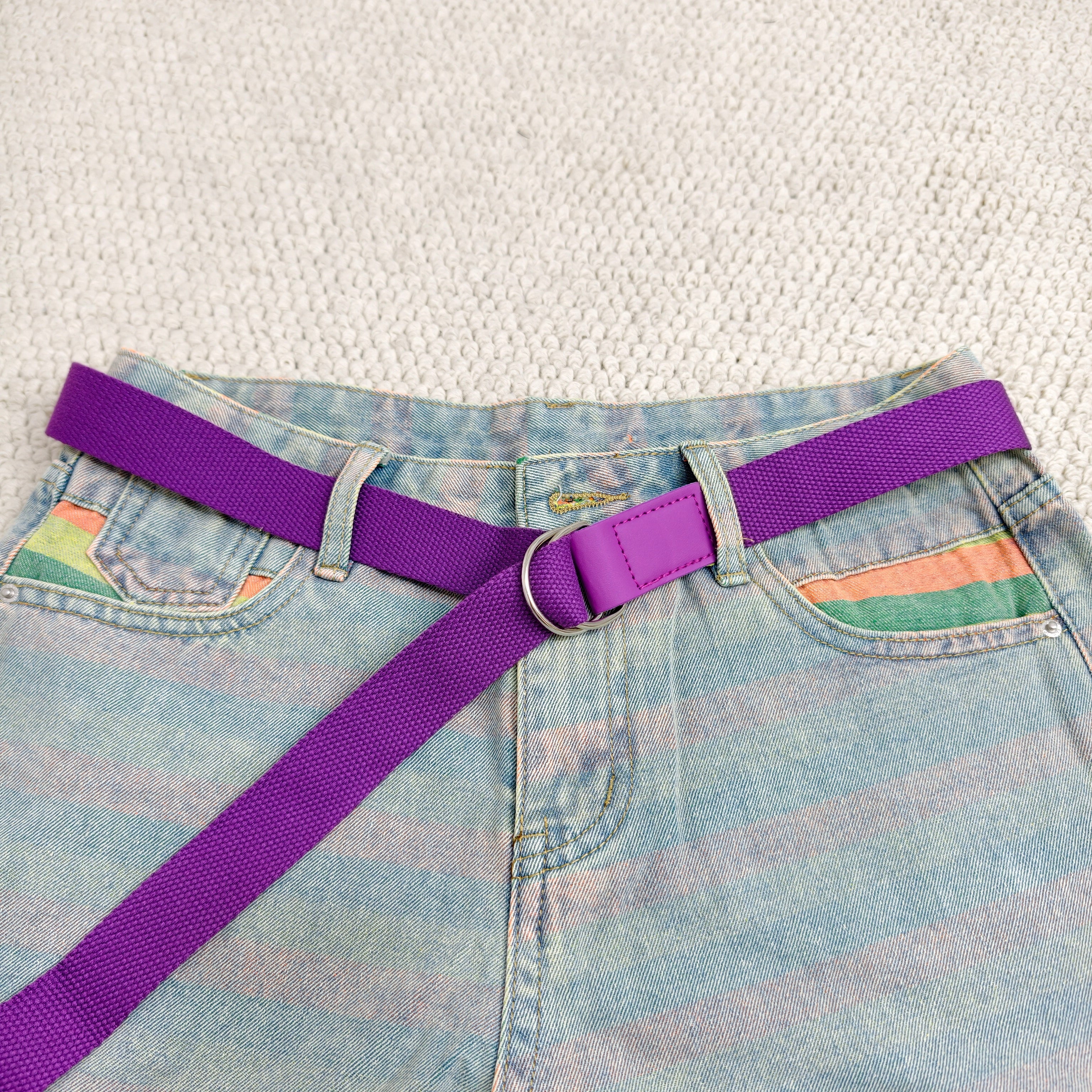 Striped holey denim shorts