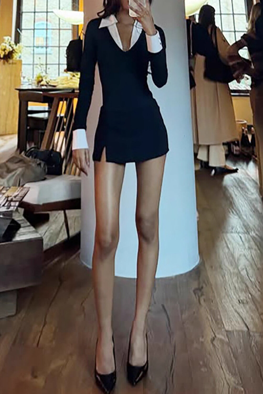 V Neck Long Sleeve Colorblock Patchwork Top-Black