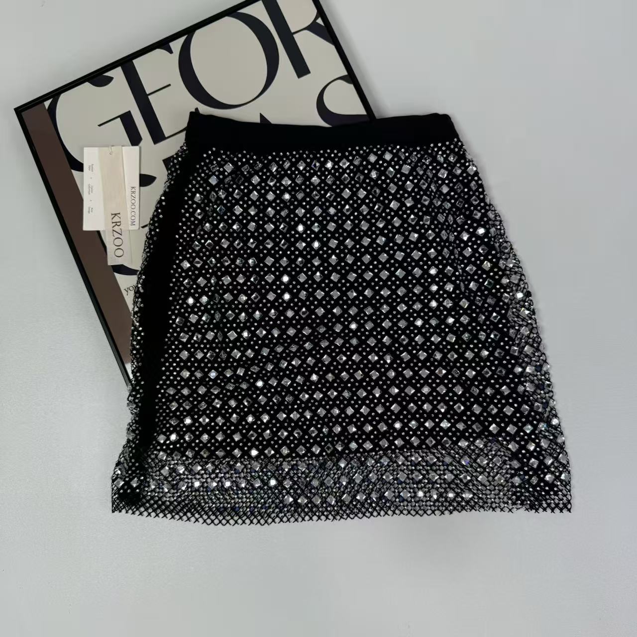 Beaded and rhinestone-studded half-length skirt