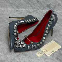 Beaded pointed metal buckle high-heeled shoes
