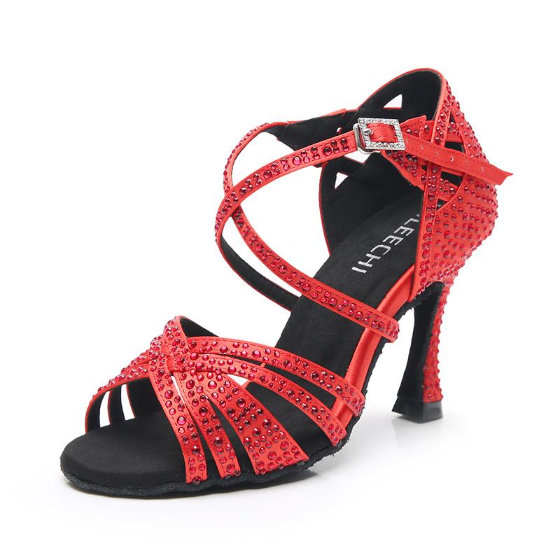 Women's Red Customized Heel Open Toe Strappy Dance Shoes with Crystals