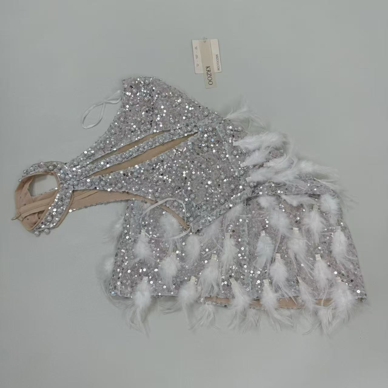 Backless pearl rhinestone feather dress
