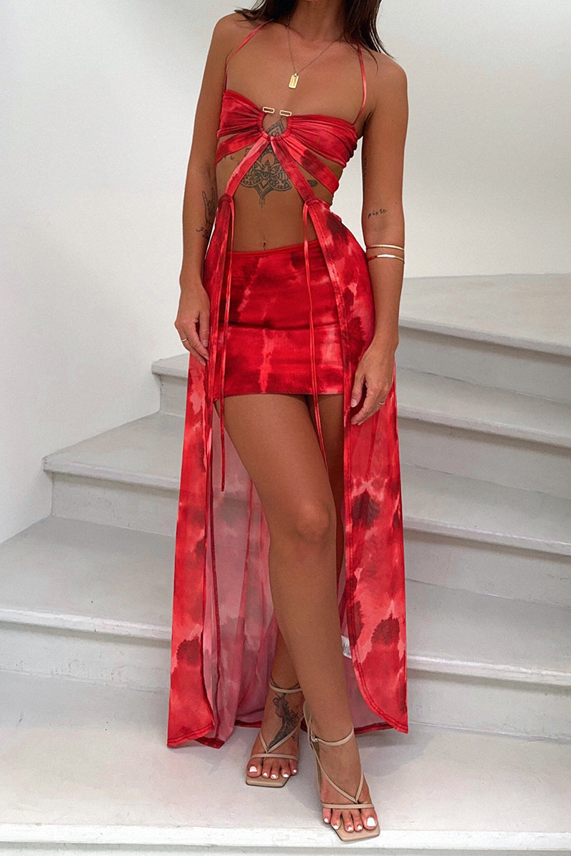 Pattern Print Sash Cut Out Halter Crop Top Vacation Mini Skirt Matching Set