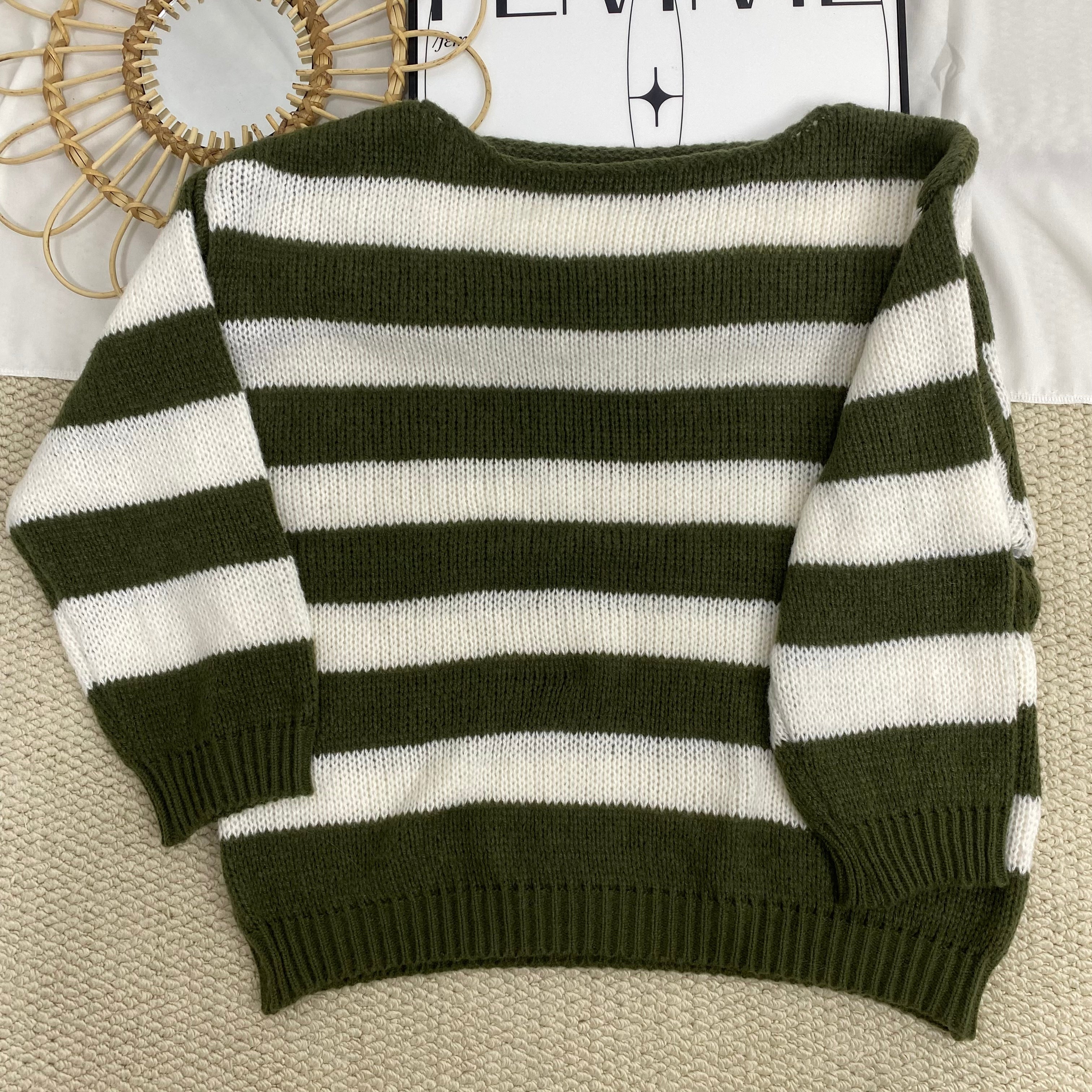 Crew Neck Striped Loose Knit Sweater