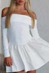 Off Shoulder Boat Neck Long Sleeve Cinch Waist Solid Color Mini Dresses-White