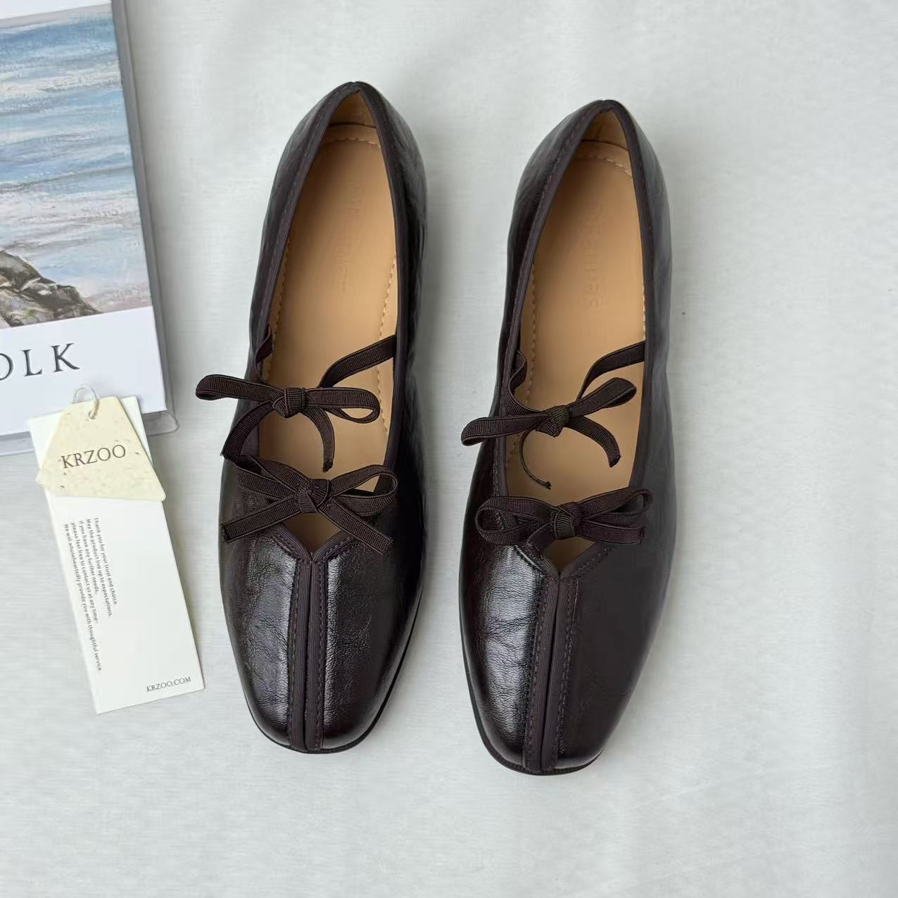 Soft-Leather Square-Toe Retro Bow Mary Janes