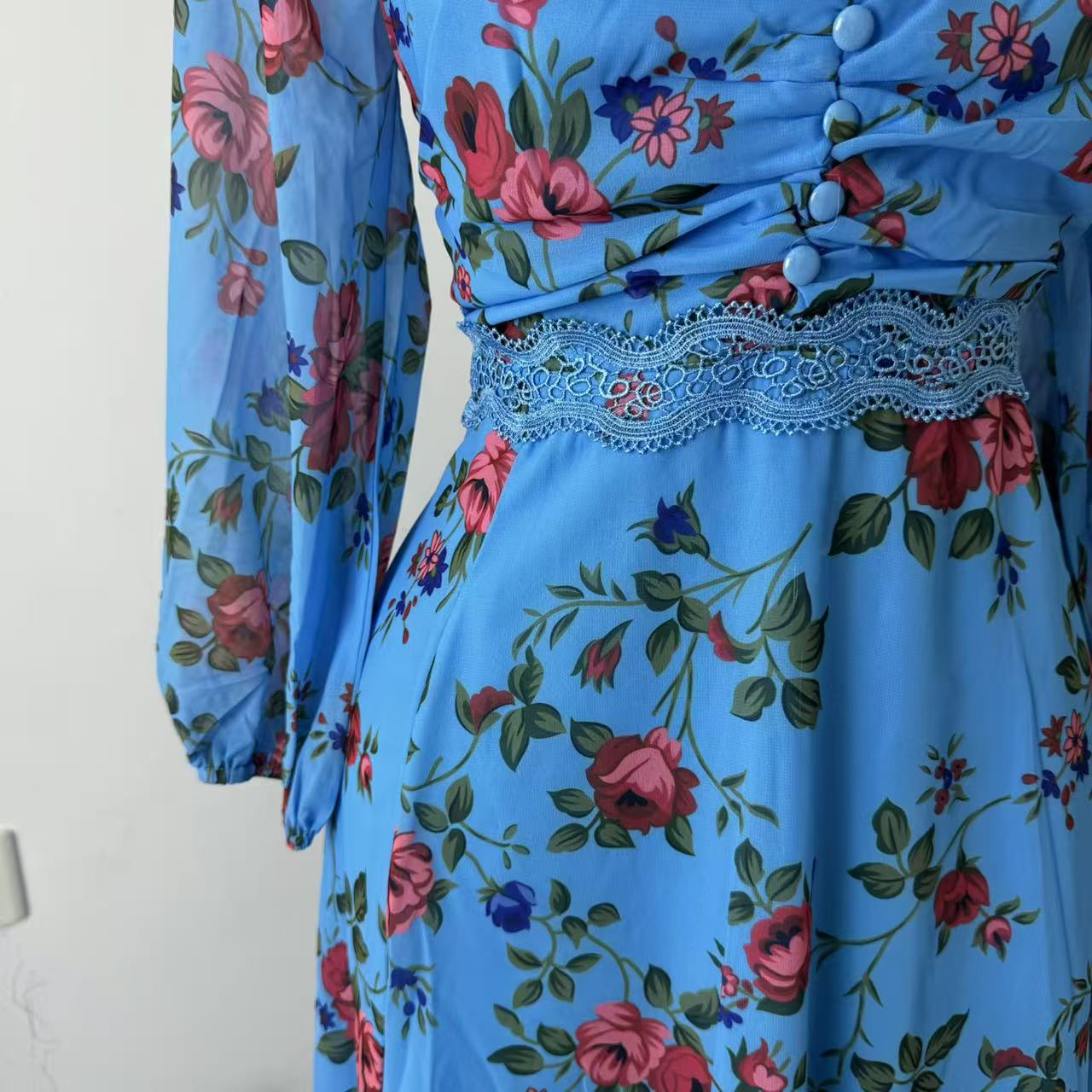 Silk chiffon printed lace trimmed dress