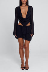 Cowl Neck Bell Sleeve Cut Out Mesh Party Mini Dresses-Black Pre Order