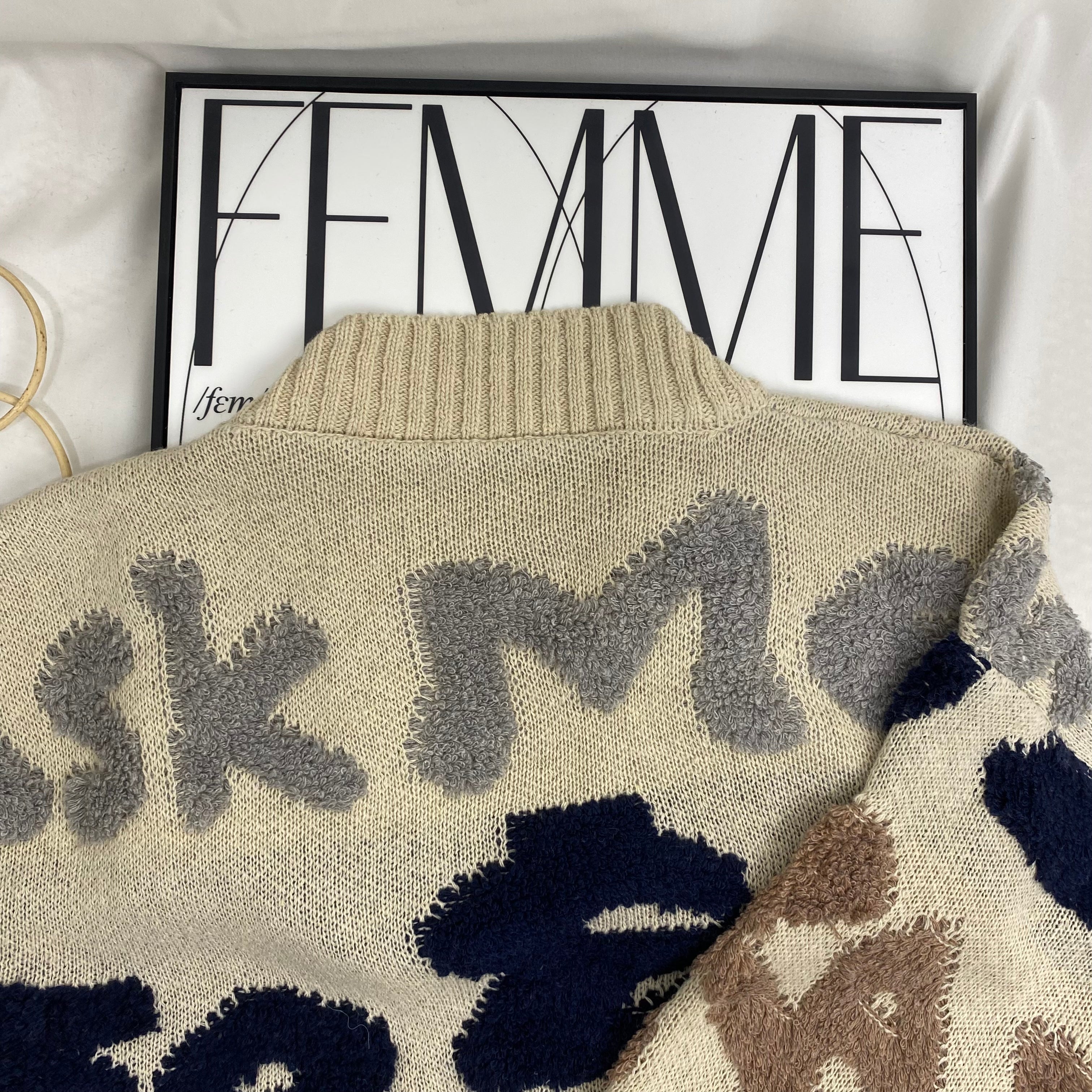 Letter Jacquard Cardigan Sweater