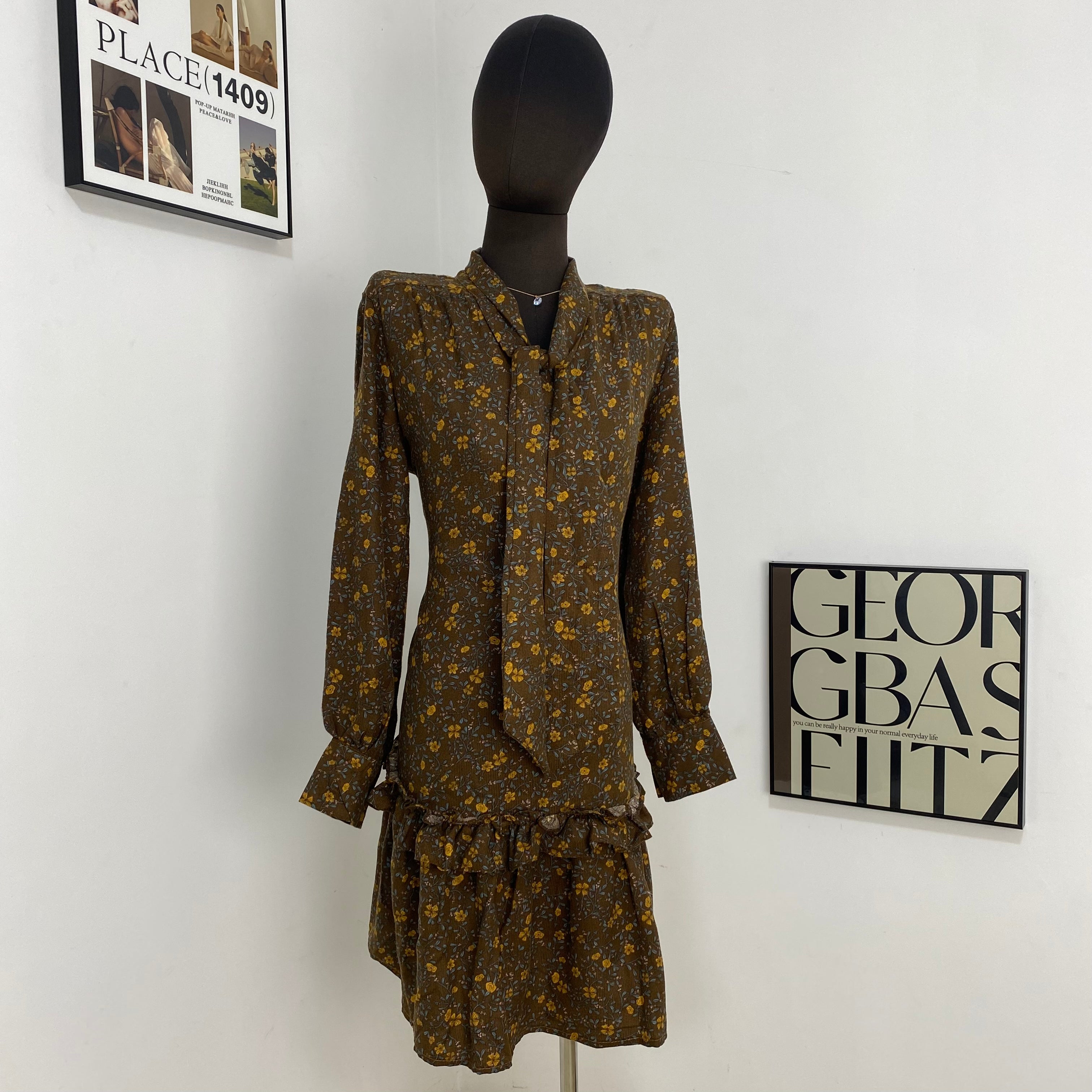 Brown Lace-Up Floral Dress